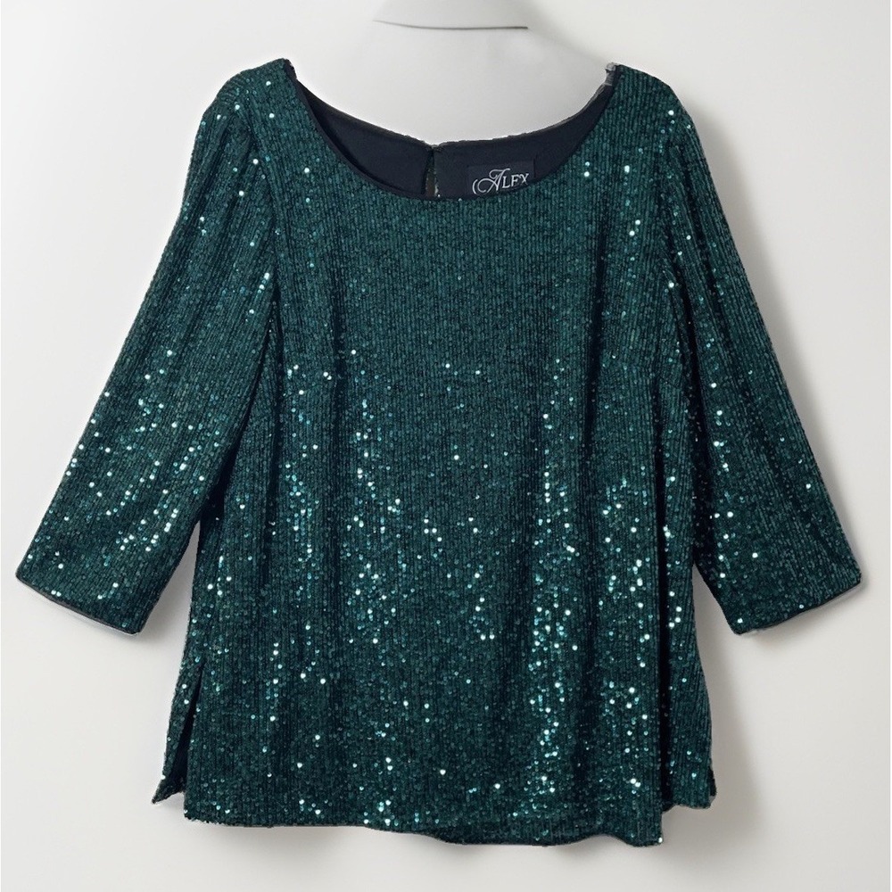 Alex Evenings Women's XL 3/4 Sleeve Green Sequined Shimmer Tunic Top Party Retro